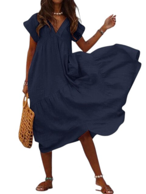 Comfortabele Maxi-jurk met V-hals en Korte Mouwen