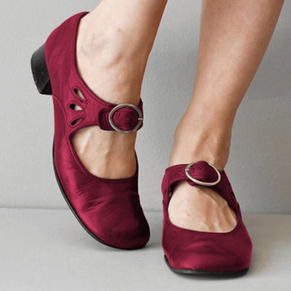 Jolanda - Vintage Leren ballerina Schoenen Met Lage Cubaanse Hak
