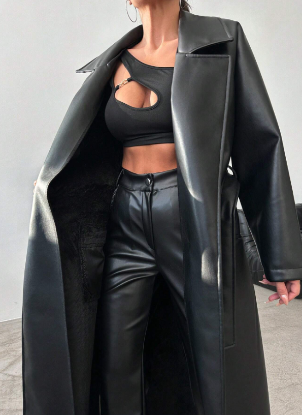 Klassieke Zwarte Leren Trenchcoat Jas Voor Dames - Femme