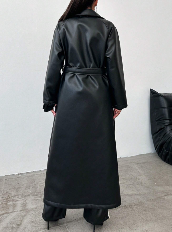 Klassieke Zwarte Leren Trenchcoat Jas Voor Dames - Femme